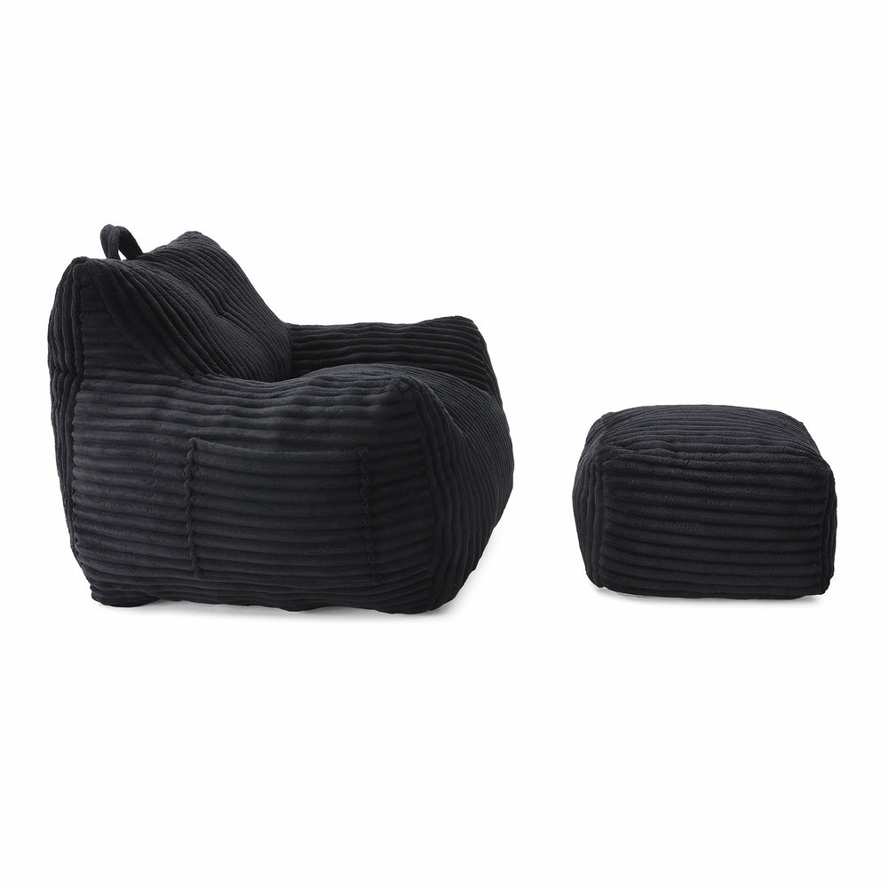 English Elm Giant Plush Bean Bag Chair with Armrests and Footstool for Ultimate Comfort, Durable Corduroy Lounge Sofa Black W1117P309394