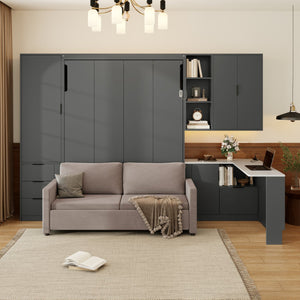 English Elm Queen Murphy Wall Bed Hydraulic Lift Velvet Sofa Built-in Shelves Led Studio Unit Dark Gray LP000392AAE