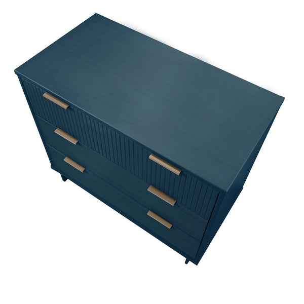 English Elm Granville 38" Dresser In Luxurious Midnight Blue - 3 Drawers, Ribbed Design, Gold Hardware, Modern Glam B365S00077