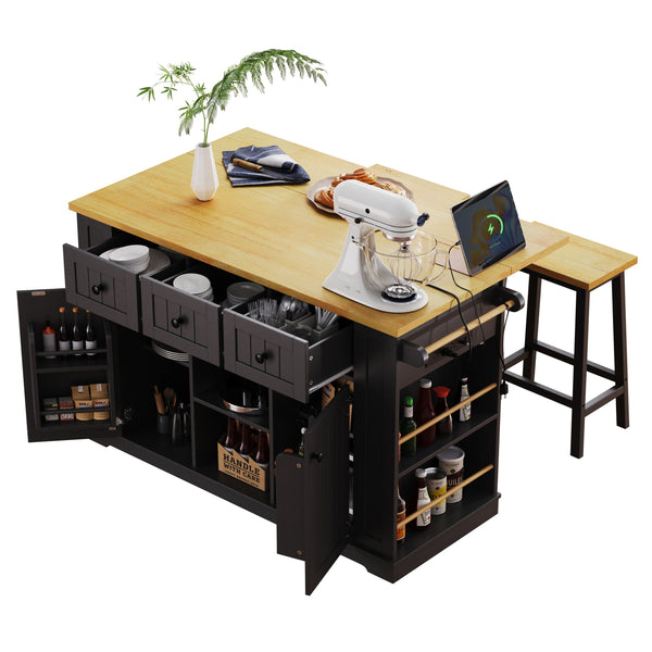English Elm K&k 53 Inch Rolling Kitchen Island with Drop Leaf Power Outlet and Open Storage Racks Black N707S185531B