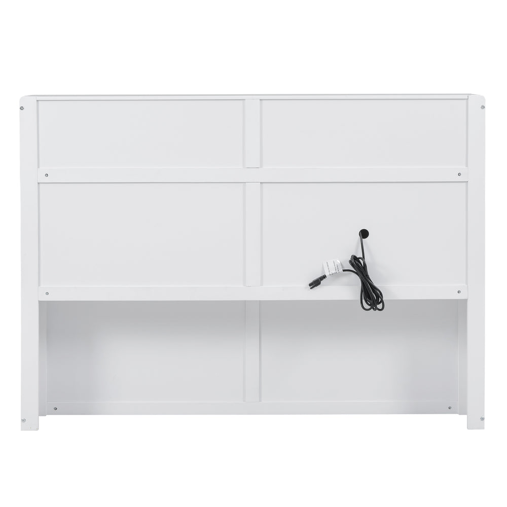 English Elm Wood Queen Size Hydraulic Platform Bed with LED Headboard, Charging Station, Hidden Storage Drawers and Shelves White GX000372AAK