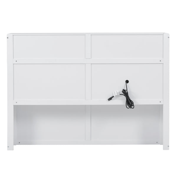 English Elm Wood Queen Size Hydraulic Platform Bed with LED Headboard, Charging Station, Hidden Storage Drawers and Shelves White GX000372AAK