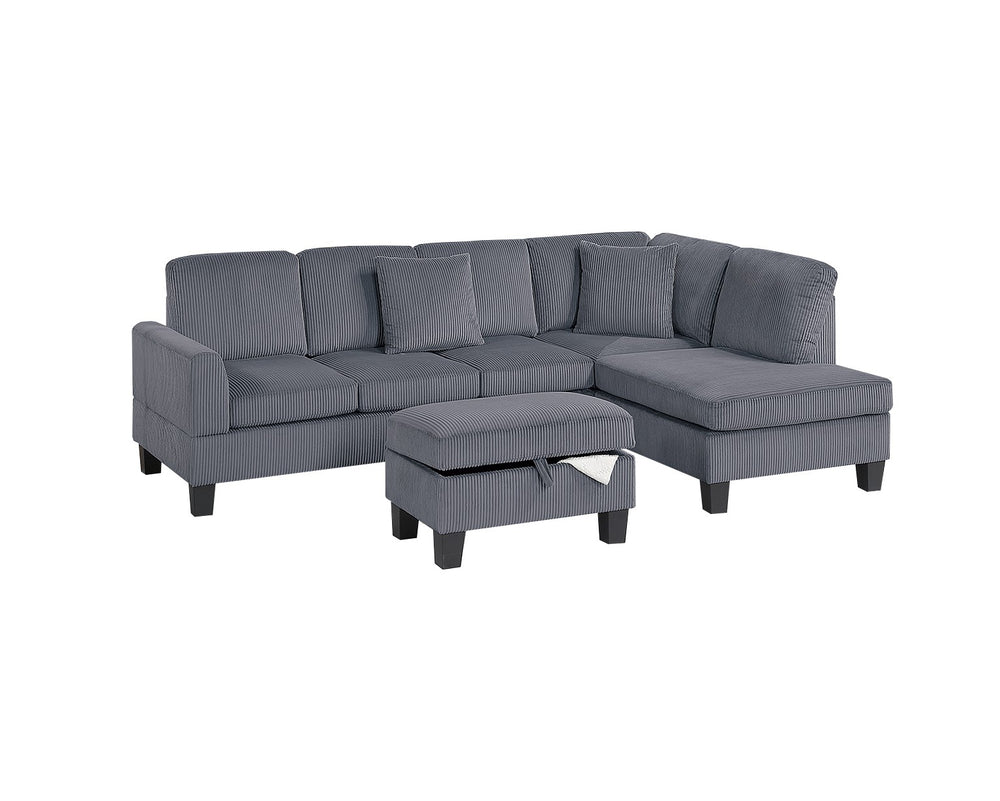 English Elm 3pc Corduroy Sectional Sofa Set with RAF Chaise, Storage Ottoman & Accent Pillows for Cozy Living Dark Gray 20 L x 13 W x 30 H B011S01763