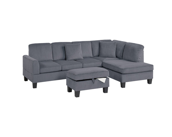 English Elm 3pc Corduroy Sectional Sofa Set with RAF Chaise, Storage Ottoman & Accent Pillows for Cozy Living Dark Gray 20 L x 13 W x 30 H B011S01763