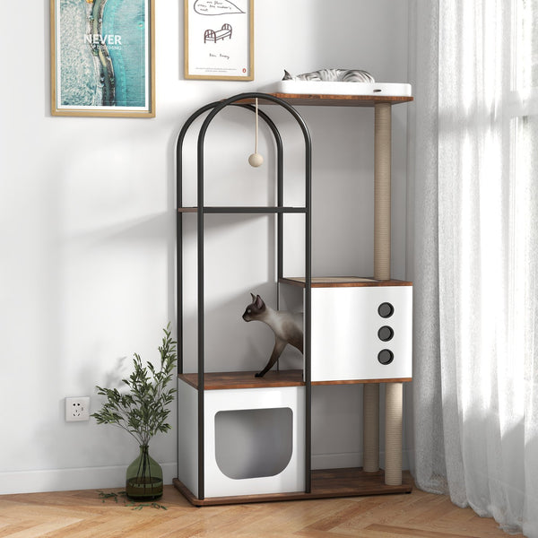 English Elm Cat Tower Five Tier Modern Tree with Steel Frame Scratching Posts and Cozy Hideout Cabinets W1687P487159