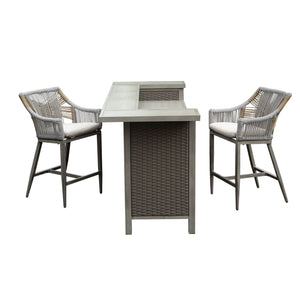 English Elm Outdoor Wicker Aluminum 3 Piece Bar Set with Stools Storage and Propane Compartment W1859S00178