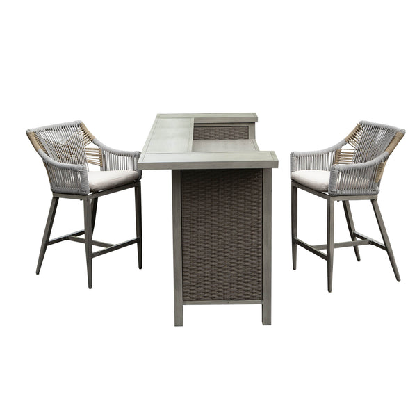 English Elm Outdoor Wicker Aluminum 3 Piece Bar Set with Stools Storage and Propane Compartment W1859S00178
