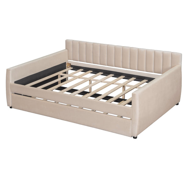 English Elm Full Size Velvet Upholstered Daybed with Pull Out Trundle and Wood Slat Support Beige LP100121AAA
