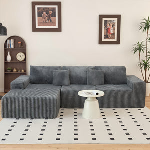 English Elm 112.99"Cloud Long-Pile Corduroy Sectional Sofa with L-Shape Chaise, Modular Deep-Seat Comfort for Living Room Grey W3276S00010