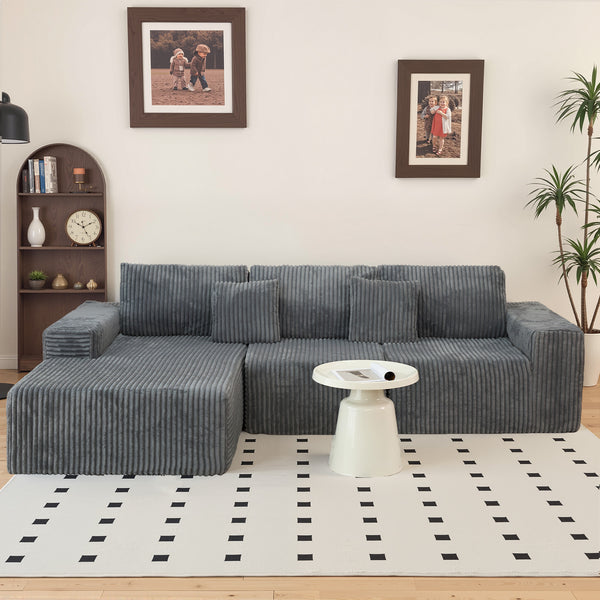 English Elm 112.99"Cloud Long-Pile Corduroy Sectional Sofa with L-Shape Chaise, Modular Deep-Seat Comfort for Living Room Grey W3276S00010