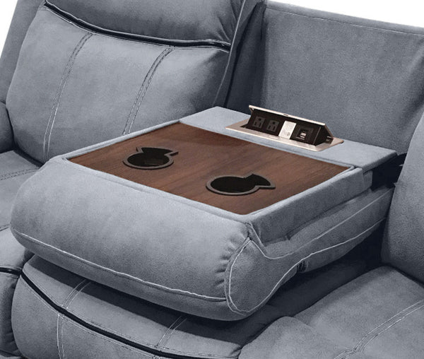 English Elm Zubaida Velvet Recliner Sofa with USB Ports, Drop‑Down Table & Storage Drawer, Pocket Coil Comfort Gray 86 L x 31 W x 26 H B2726P253084