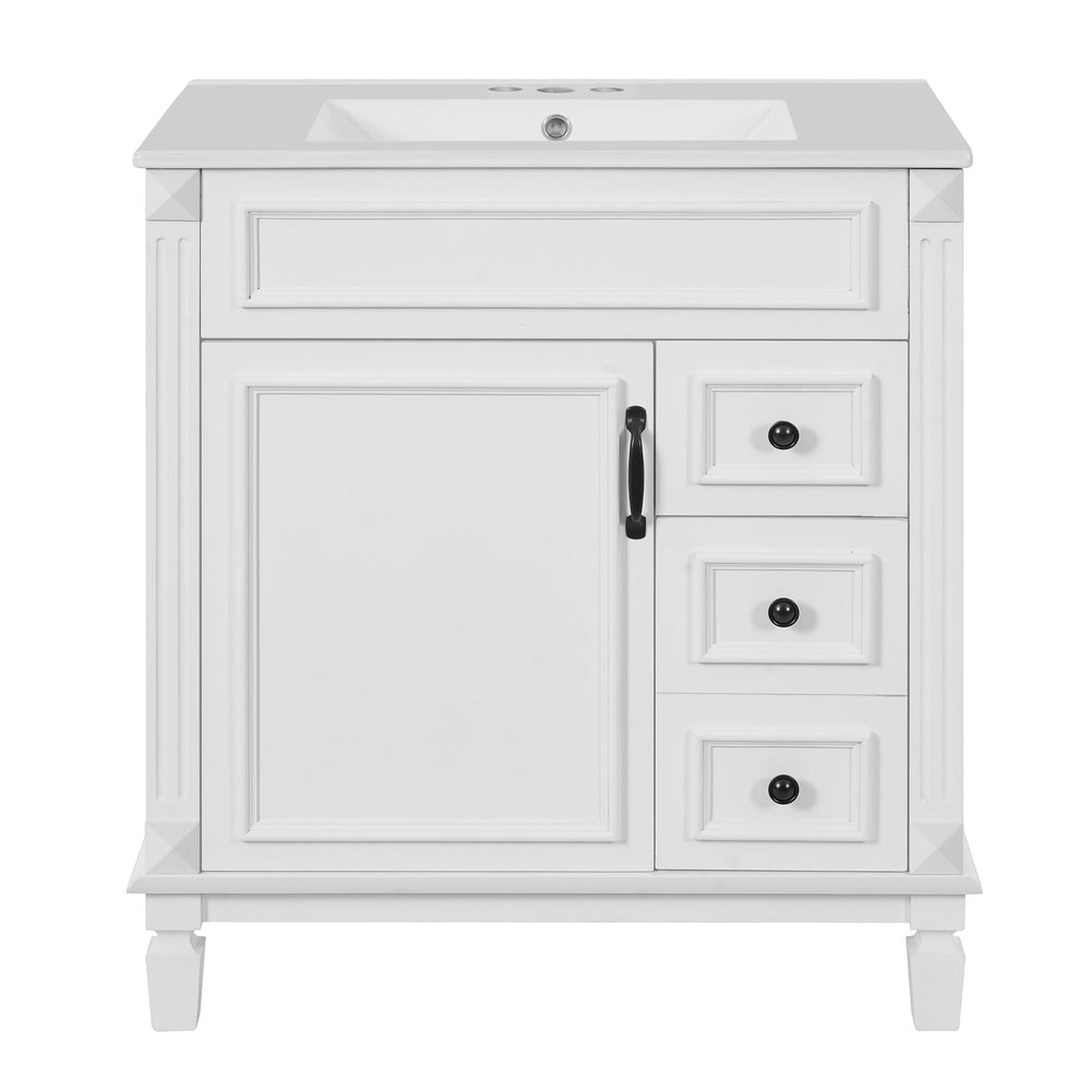 English Elm 30" French-Inspired Bathroom Vanity With Ceramic Sink, 2 Soft-Close Drawers & Adjustable Shelf Storage N710P323323K