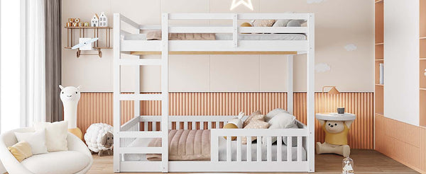 English Elm Full Full over Full Wood Bunk Bed with Ladder & Guardrails, Space-Saving Pine Frame for Kids Rooms White N7090002223K