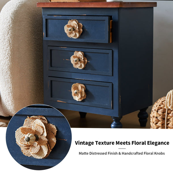 English Elm Vintage Farmhouse End Table with Floral Knobs 3-Drawer Rustic Nightstand Solid Wood Accents Antique Blue,Walnut W3306P318868