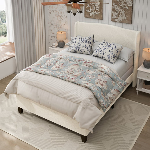 English Elm Queen Platform Bed Teddy Velvet Upholstered Tall Headboard Solid Wood Legs Modern W1716P335671