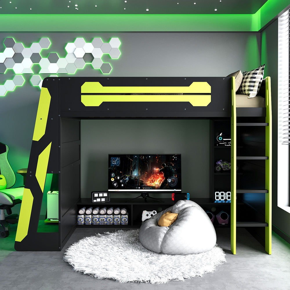 English Elm Twin Gaming Loft Bed with Desk Rgb Lighting and Multi-tier Shelves for Teen Rooms Green LT000160AAG