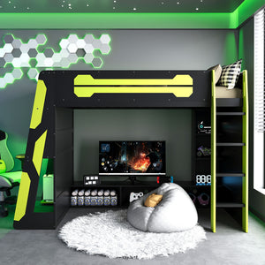 English Elm Twin Gaming Loft Bed with Desk Rgb Lighting and Multi-tier Shelves for Teen Rooms Green LT000160AAG