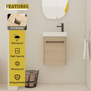 English Elm 16'' Floating Wall-Mounted Bathroom Vanity with Ceramic Basin, Soft-Close Door, Water-Resist Finish Light Oak W999P236336