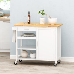 English Elm Christopher Knight Home® - Kitchen Island Cart with Solid Rubberwood Top, 41.75" Mobile Island with Drawer, Cabinet, Shelves & Wheels White 67756.00NATWHT