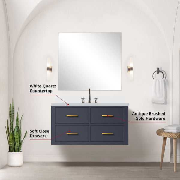 English Elm Blue Single Bath Vanity Set With White Quartz Top, Frameless Mirror & Chrome Faucet - Stylish Upgrade! B2731S01985