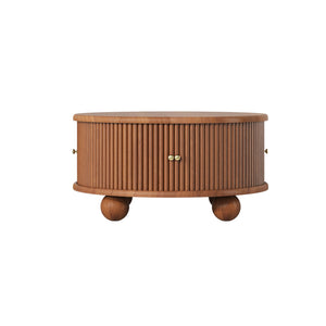 English Elm Round Fluted Pine Wood Coffee Table with Hidden Sliding Door Storage for Living Room Walnut N735P369879D