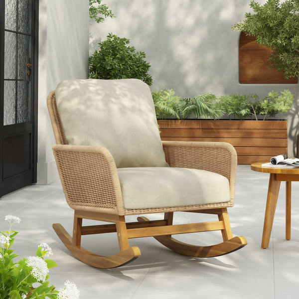 English Elm Contemporary Wicker Rocking Chair Pe Rattan Weave Wooden Frame Plush Cushions Patio Beige N767P229004N