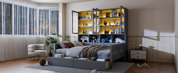 English Elm Full Size Wooden Daybed With Stylish Led Lighting, Glass Storage Cabinets & Versatile Shelves In Gray N820S00051E