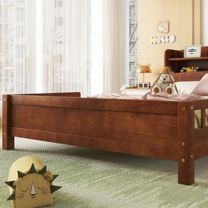 English Elm Full Pine Wood Bed with Bookcase Headboard, LED Motion Sensor, Guardrails & Ample Walnut Storage W504P281004