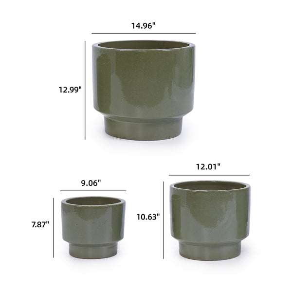 English Elm 3 Pieces Ceramic Flowerpot Set - Handcrafted Antique Light Green Planters For Stylish Spaces W3273P321545