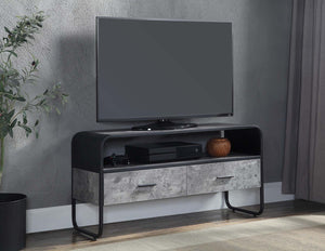 English Elm Metal Industrial TV Stand with Concrete Gray Shelves, Black Metal Frame, 2 Storage Drawers & Open Display Space B016P324158