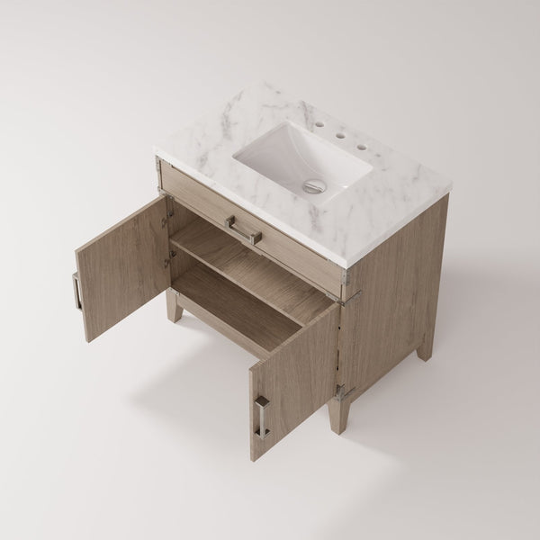 English Elm Grey Oak Single Bath Vanity With Carrara Marble Top - Elegant Design, Soft-Close Doors & Storage Solutions B2731P259788