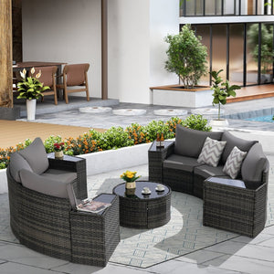 English Elm Outdoor Patio Furniture 11-Piece Half-Moon Sectional Set With Glass Table For Stylish Outdoor Lounging W874S00047-GIGA