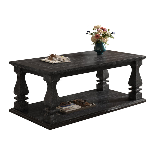 English Elm Farmhouse Coffee Table Solid Planked Wood with Open Shelf Square Baluster Living Room Antique Black W1445P362860