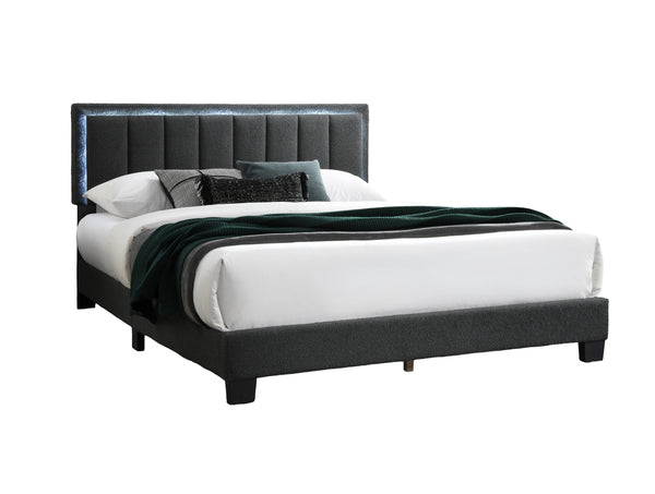 English Elm 1pc Queen Size Bed Wool Upholstered Platform with Channel Tufted Headboard and Built‑In LED Lighting Charcoal 66 L x 29 W x 9 H B011P238968