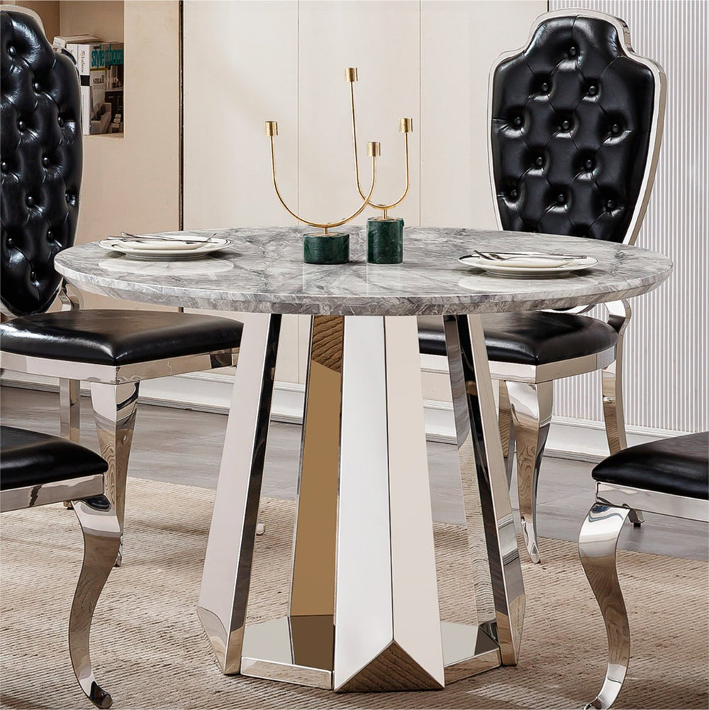 English Elm 47" Round Marble Dining Table - Modern Kitchen Centerpiece With Stylish Faux Marble & Steel Base W3456S00035