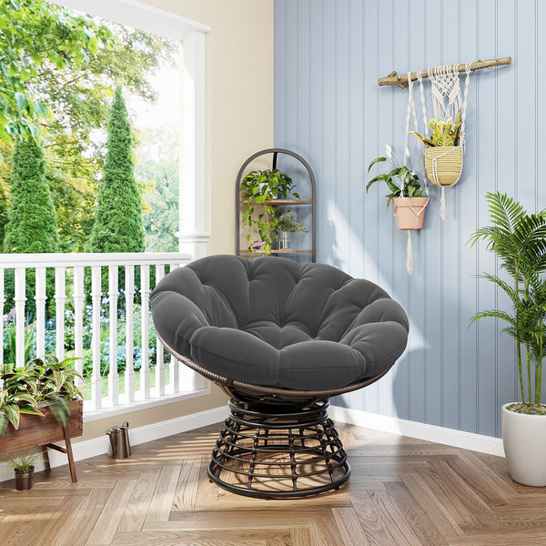English Elm Comfortable Rattan Papasan Swivel Chair Overstuffed Cushion Bohemian Lounge Seating W640P443551