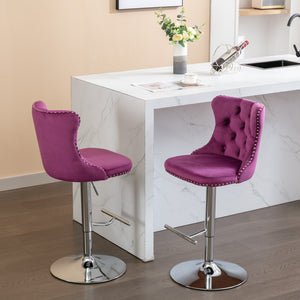 English Elm Swivel Velvet Barstools Adjustable 25–33" Height, Tufted Back, Chrome 17.7" Base, Purple Set of 2 W1143137914