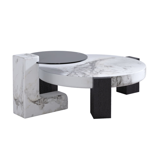 English Elm Bianco Marble-Pattern Coffee Table with Side Table Set — Modern White Top, Black Wood Legs, Durable Elegance B341S00040