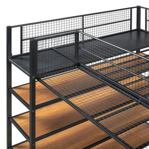 English Elm Twin Twin Over Full Metal Bunk Bed with 5-Tier Staircase Shelves, Space-Saving Storage & Wood Accents Black SF000175AAB