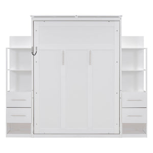 English Elm Full Size Murphy Wall Bed with Led Lighting Shelves Drawers and Fold Down Storage LP100565AAK