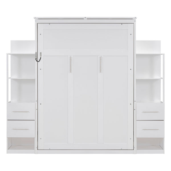 English Elm Full Size Murphy Wall Bed with Led Lighting Shelves Drawers and Fold Down Storage LP100565AAK
