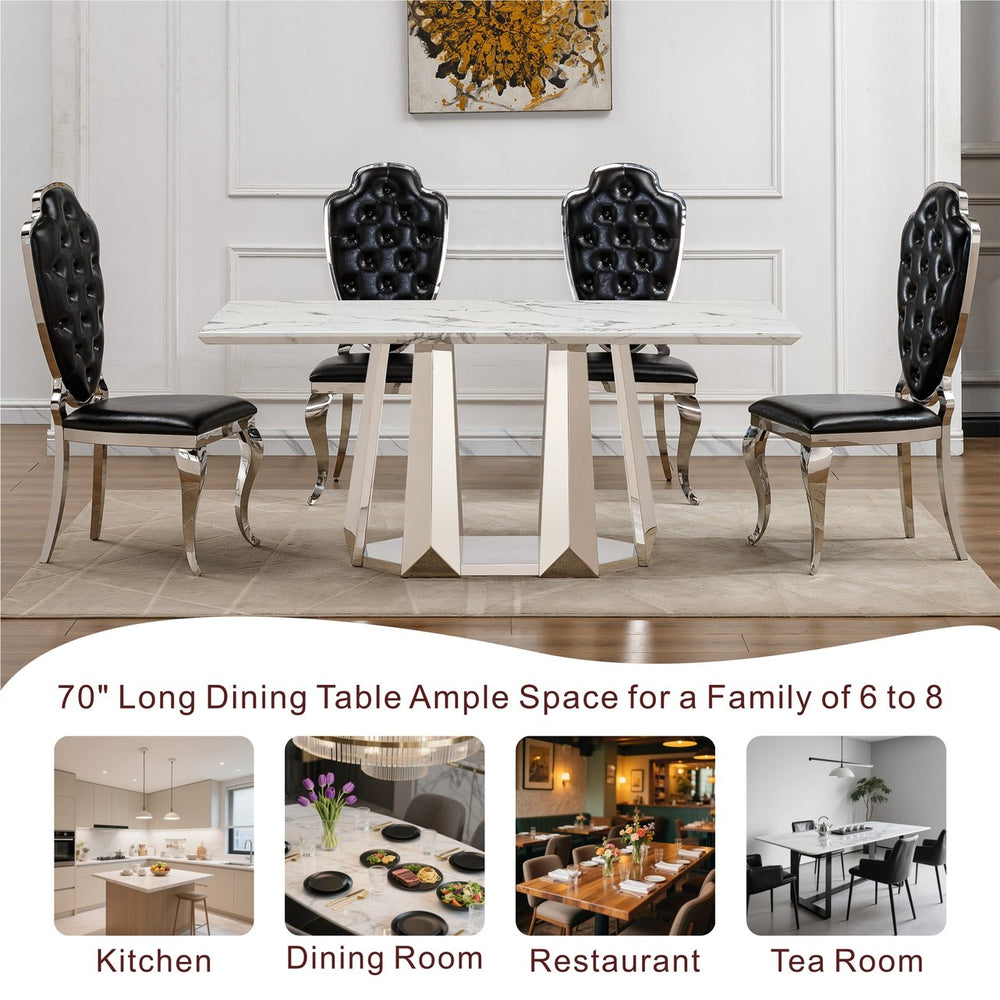 English Elm Marble Dining Table For 6-8, 70'' Modern Rectangle Faux Marble With Mirrored Stainless Steel Base W3456S00038