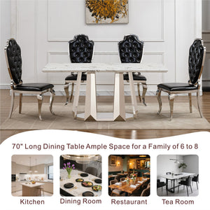 English Elm Marble Dining Table For 6-8, 70'' Modern Rectangle Faux Marble With Mirrored Stainless Steel Base W3456S00038