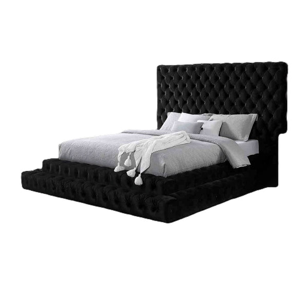 English Elm Fully Tufted Black Flannelette Eastern King Platform Bed Glam Diamond Button Headboard B2741S00916