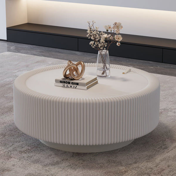 English Elm Black Round Fluted Pu Leather Coffee Table Tempered Glass Top Hidden Storage Modern Cream White W3081P428979
