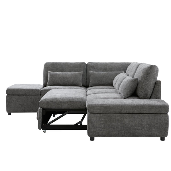 English Elm [video]107'' Chenille Sleeper Sectional with Usb Charging Storage Ottoman and Adjustable Armrest Gray N723S8782E