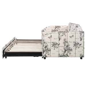 English Elm Twin Linen Upholstered Daybed with Pop up Trundle and Built in Usb Charging White Tossed Botanical SF000199AAZ