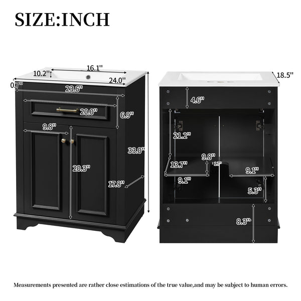 English Elm 24" Matte Single Sink Vanity Solid Poplar Frame Gold Hardware Soft Close Cabinet Black N710P389449B