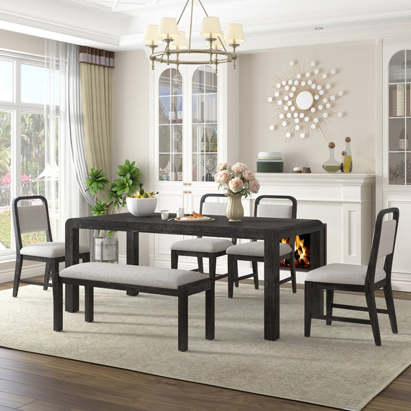English Elm Trexm Rustic Oak Extendable Dining Set with Upholstered Chairs Bench Seats 6 Espresso ST000154AAP
