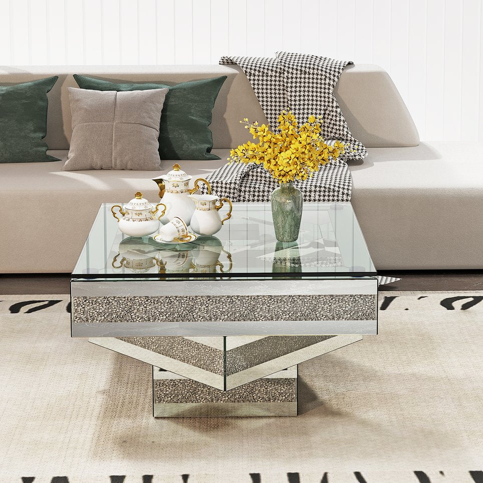 English Elm Modern Glam Square Coffee Table with Mirrored Tiers and Faux Crystal Diamond Inlay W3836P370271